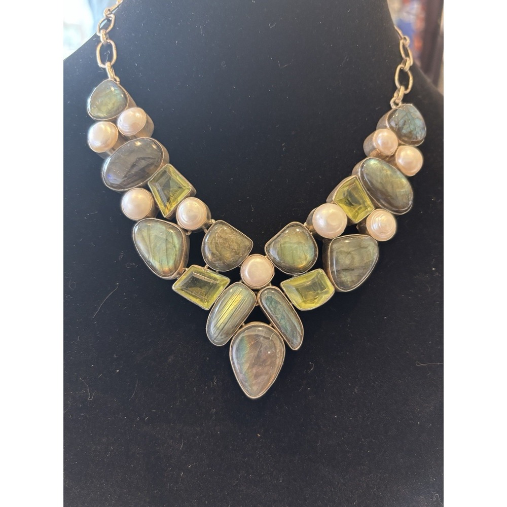 Labradorite, Fresh Water Pearls And Peridot Stunning Statement Necklace